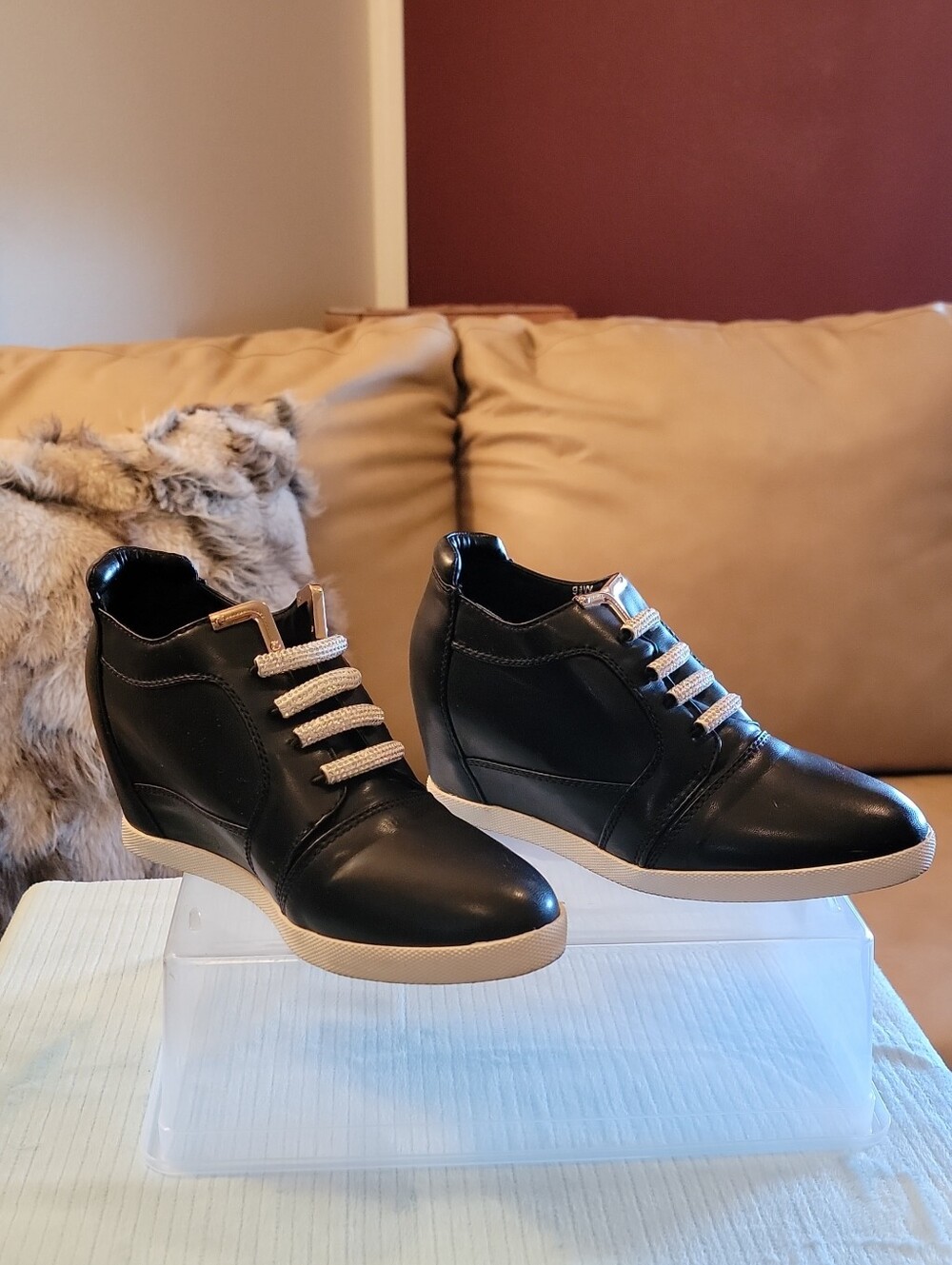 Midnight Velvet Black Leather Wedge Sneakers with Gold Accents